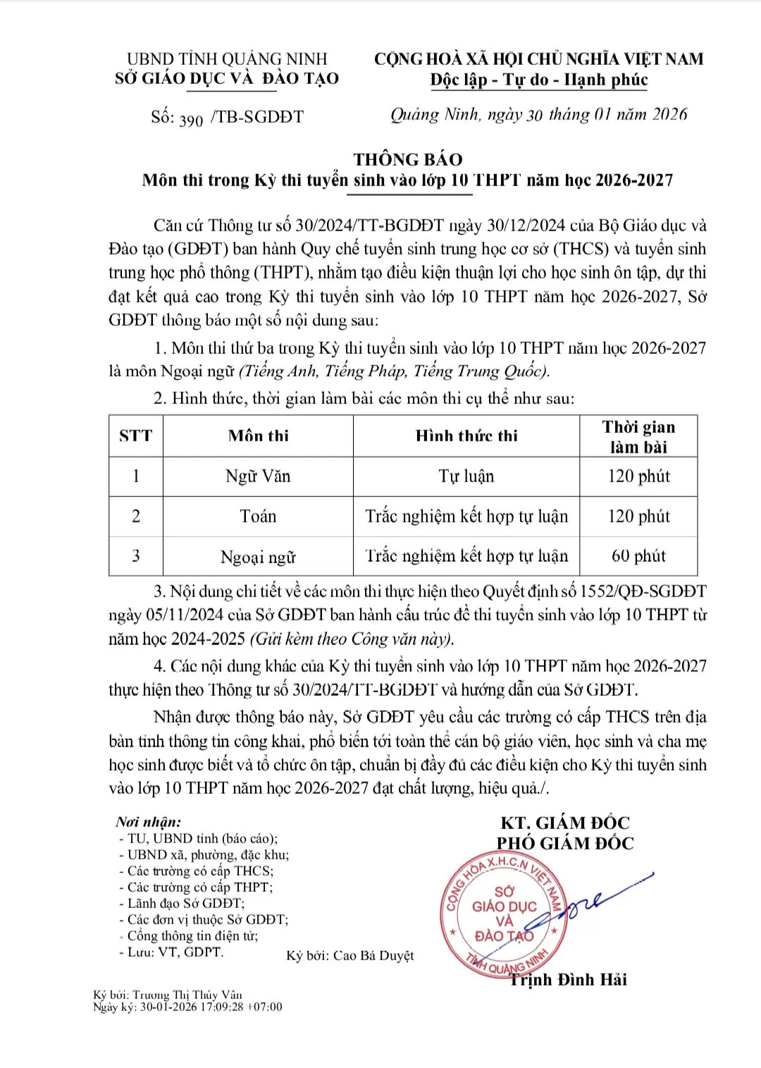 THÔNG BÁO MÔN THI THỨ 3 KỲ THI TUYỂN SINH VÀO LỚP 10 NĂM HỌC 2026–2027