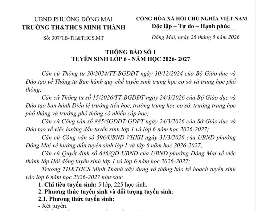 THÔNG BÁO TUYỂN SINH LỚP 6 - NĂM HỌC 2026-2027